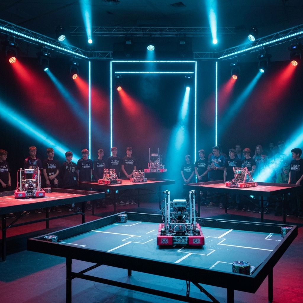 Robotics competition arena with advanced robots and young competitors